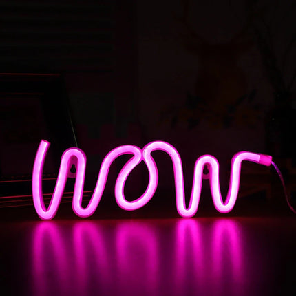 Neon LED WOW – różowy na ścianę – 42 × 19 cm, USB/baterie
