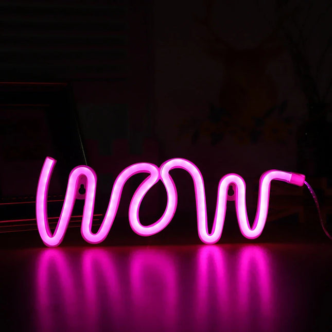 Neon LED WOW – różowy na ścianę – 42 × 19 cm, USB/baterie