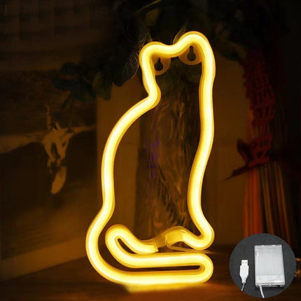 Neon LED Biały kot na ścianę – 28 × 14 cm, USB/baterie