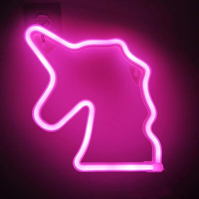 Neon LED Różowy jednorożec na ścianę – 22 × 19 cm, USB/baterie