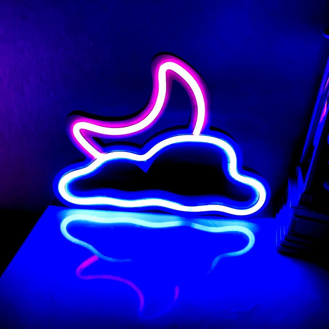 Neon LED Księżyc i chmura na ścianę – 26 × 20 cm, USB/baterie