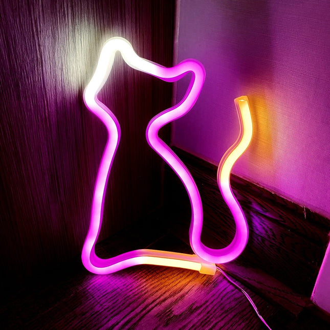 Neon LED Trójkolorowy kot na ścianę – 23 × 18 cm, USB/baterie
